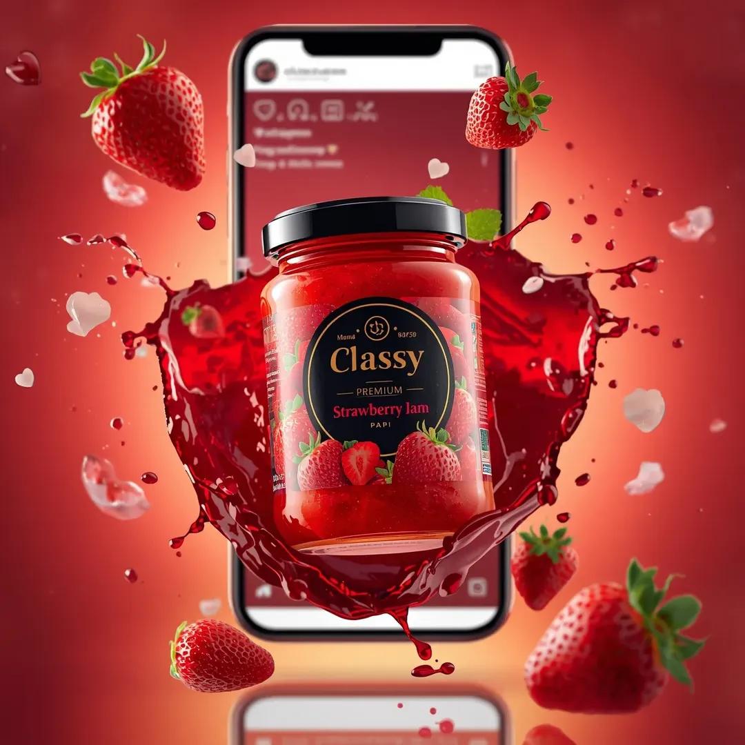 Floating glass jar of strawberry jam surrounded by fruit splashes, social media icons, and a smartphone UI in a vibrant cinematic red-orange advertising scene. Thumbnail 4
