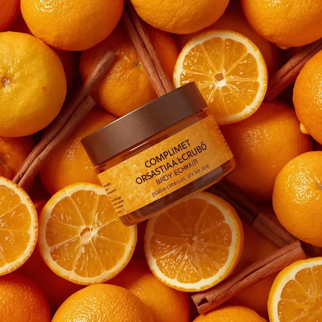 Top-down luxury food product scene with centered jar, oranges, and cinnamon sticks on an orange background with smooth cinematic zoom-in animation.