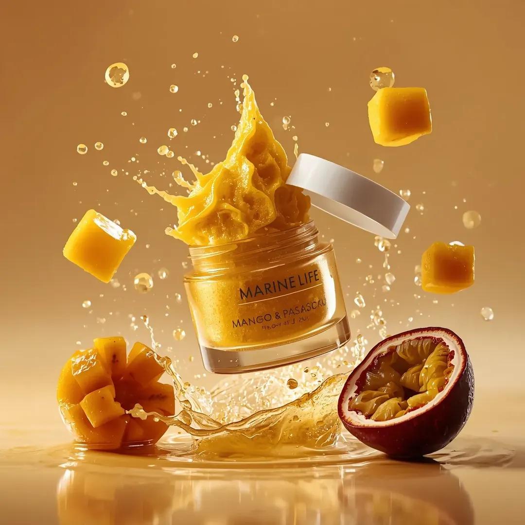 Luxury skincare scrub jar labeled MARINE LIFE exploding with mango, passionfruit, and golden scrub textures in a warm beige cinematic studio background.