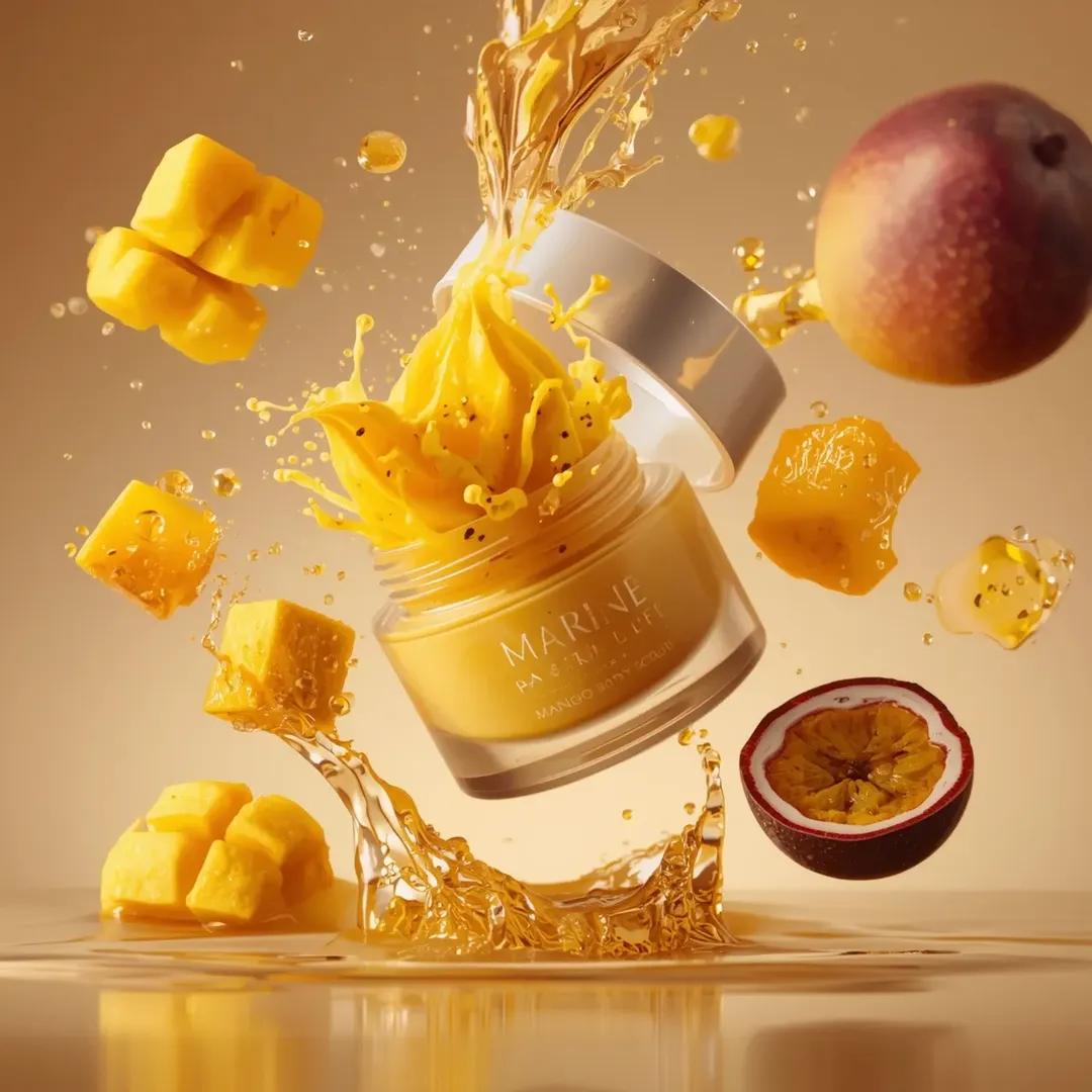 Luxury skincare scrub jar labeled MARINE LIFE exploding with mango, passionfruit, and golden scrub textures in a warm beige cinematic studio background. Thumbnail 3
