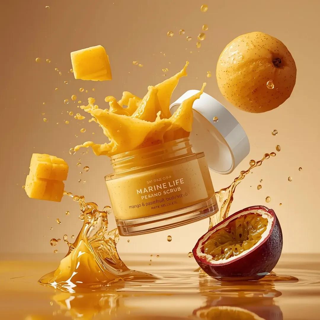 Luxury skincare scrub jar labeled MARINE LIFE exploding with mango, passionfruit, and golden scrub textures in a warm beige cinematic studio background. Thumbnail 4