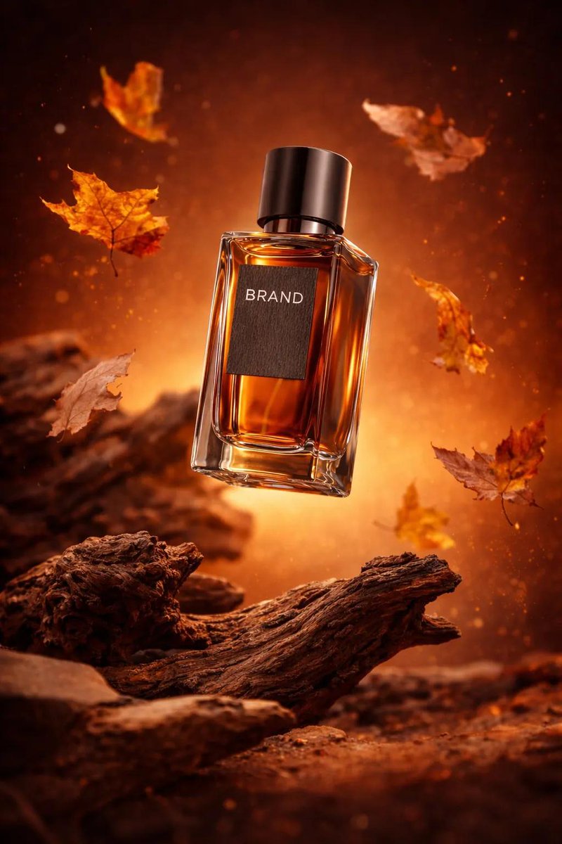 Luxury amber perfume bottle floating above driftwood with swirling autumn leaves and warm cinematic lighting in a high-end studio fragrance advertisement.
