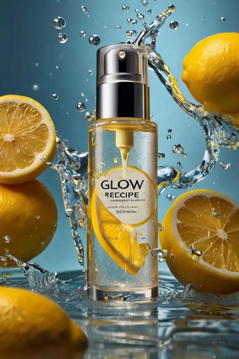 Floating frosted lemon serum bottle labeled Glow Recipe surrounded by glowing citrus water splashes, lemon slices, and soft yellow cinematic studio lighting.