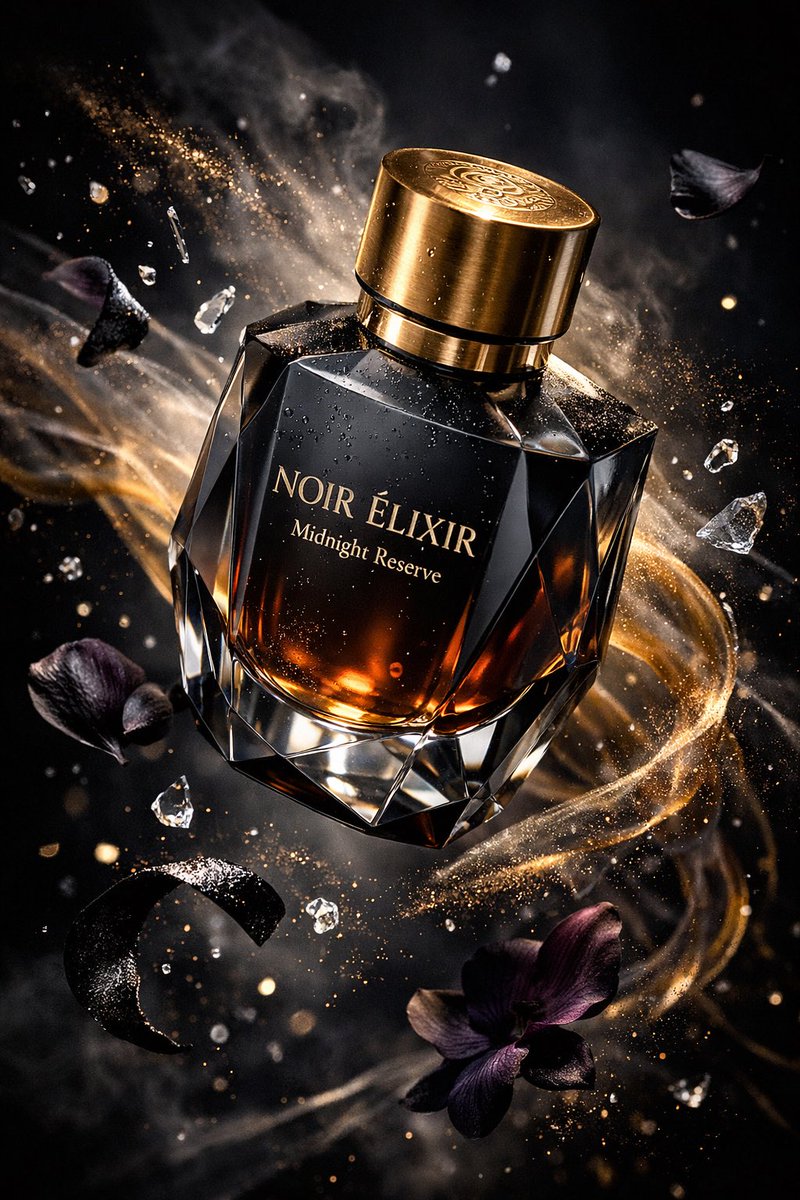 Floating faceted black crystal perfume bottle labeled NOIR ÉLIXIR Midnight Reserve surrounded by mist, gold particles, and dark floral elements in a cinematic luxury studio setting. Thumbnail 2