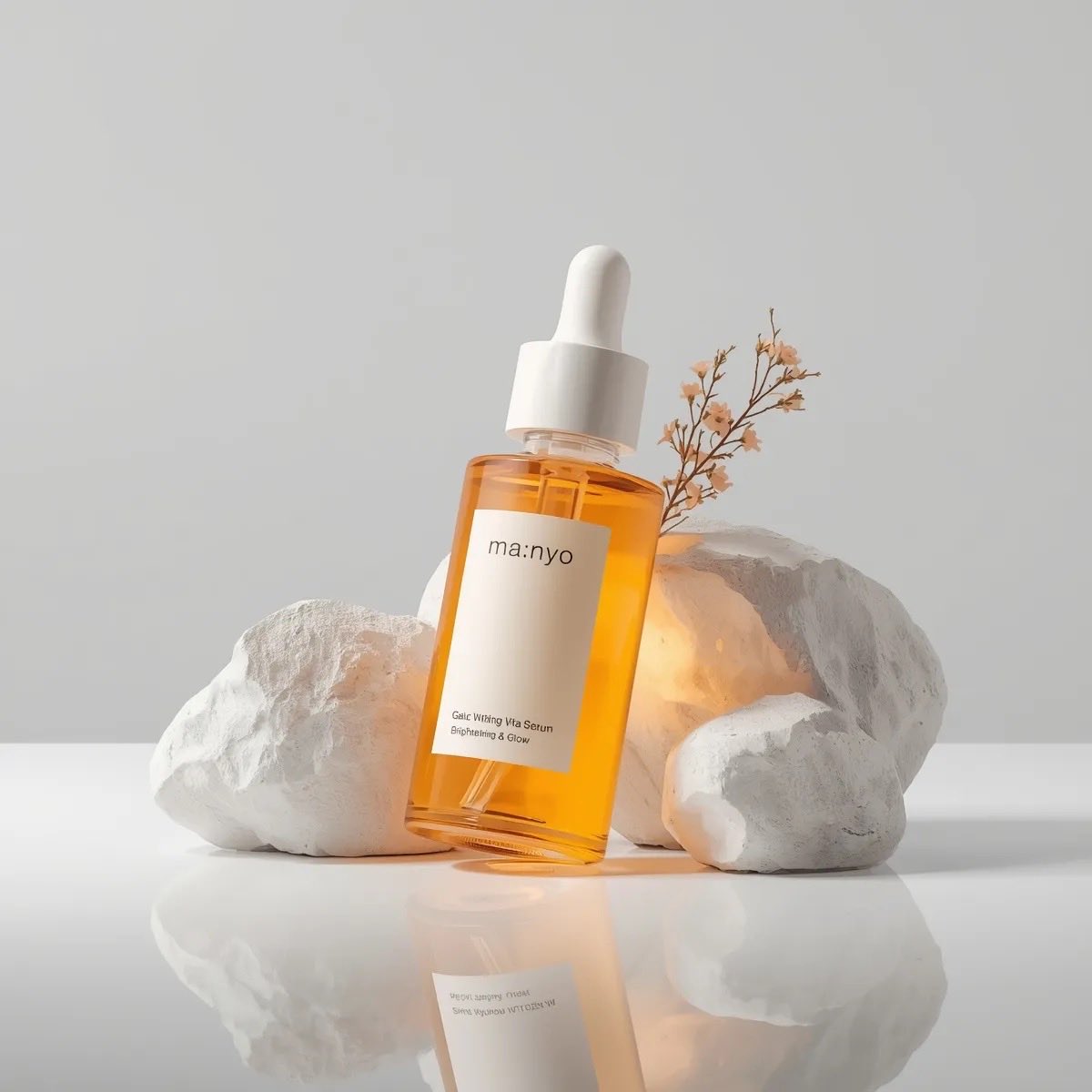 Minimal luxury skincare serum bottle labeled Ma:nyo Galac Whitening Vita Serum placed between white stones with warm sunlight and soft beige studio background. Thumbnail 3