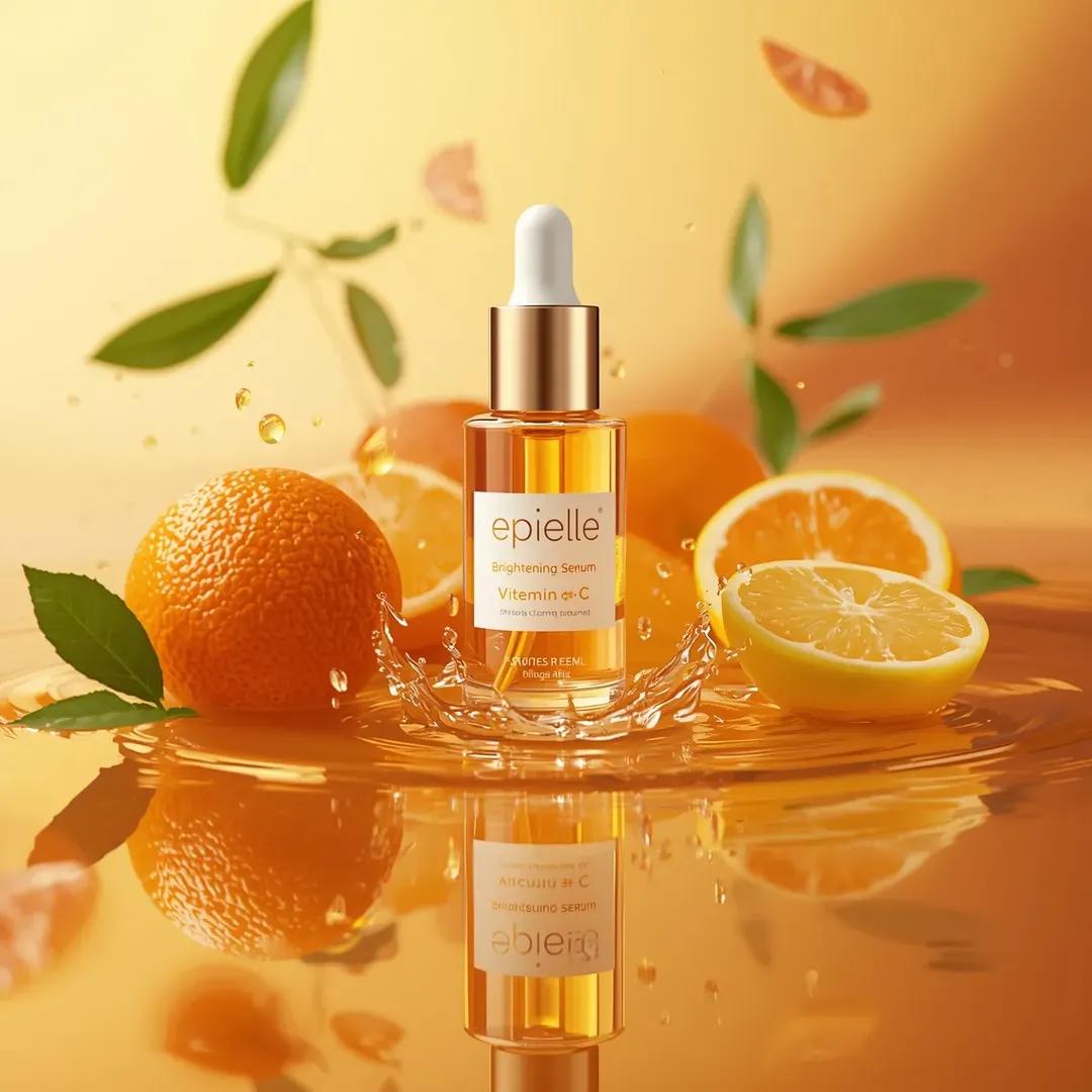 Luxury Vitamin C serum bottle labeled epielle Brightening Serum surrounded by oranges, grapefruit, and lemon on a glossy orange reflective surface with cinematic studio lighting.