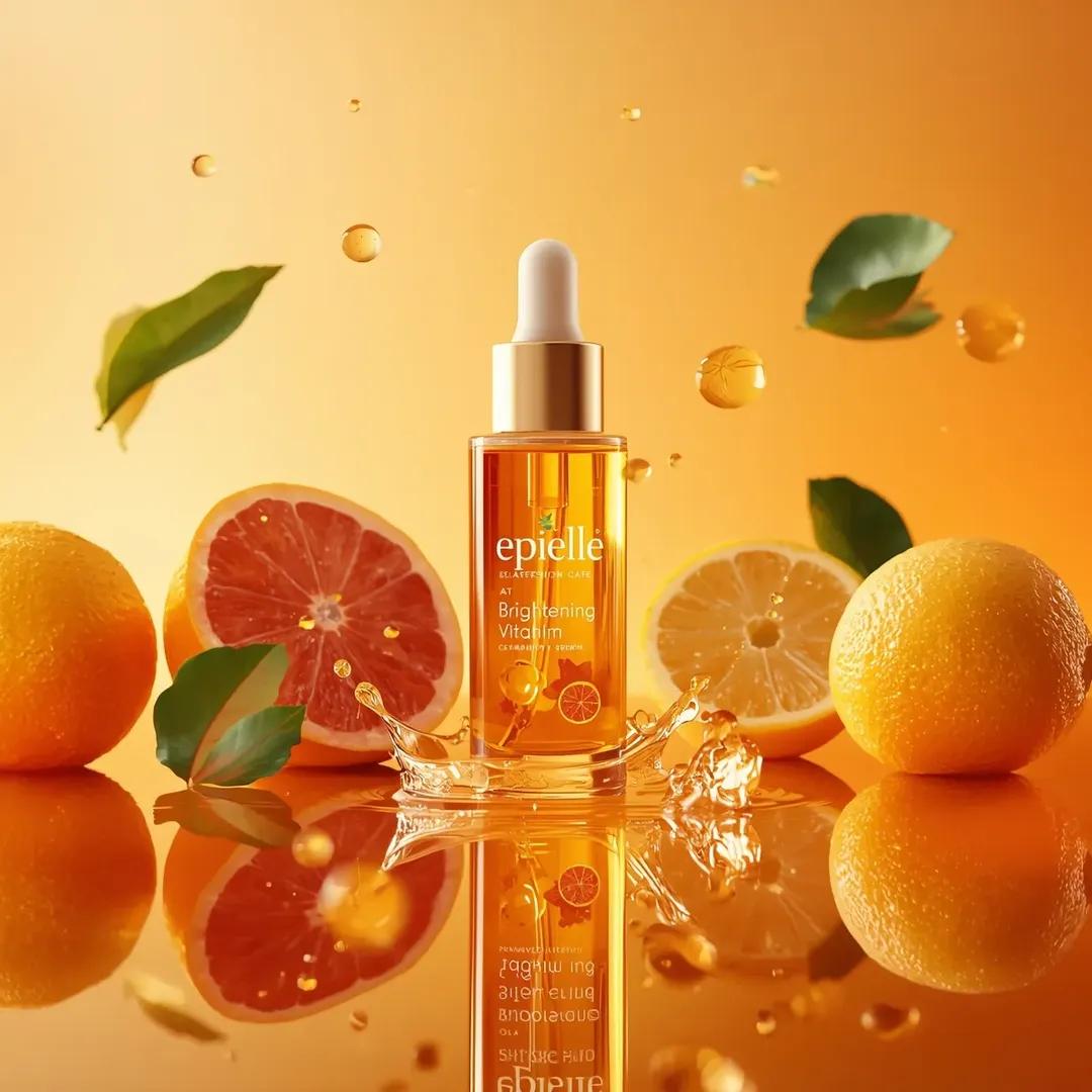 Luxury Vitamin C serum bottle labeled epielle Brightening Serum surrounded by oranges, grapefruit, and lemon on a glossy orange reflective surface with cinematic studio lighting. Thumbnail 2
