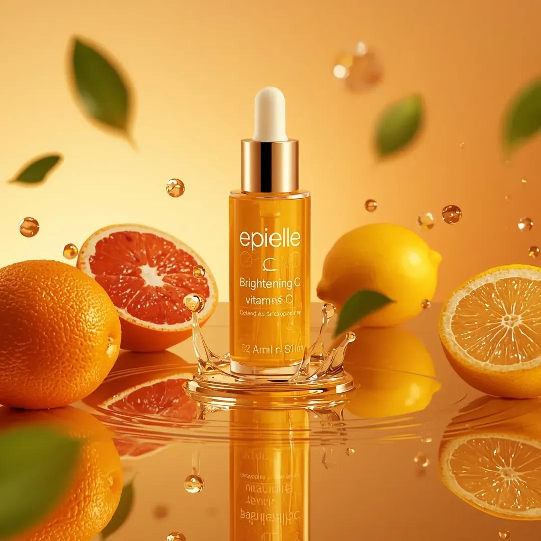 Luxury Vitamin C serum bottle labeled epielle Brightening Serum surrounded by oranges, grapefruit, and lemon on a glossy orange reflective surface with cinematic studio lighting. Thumbnail 3