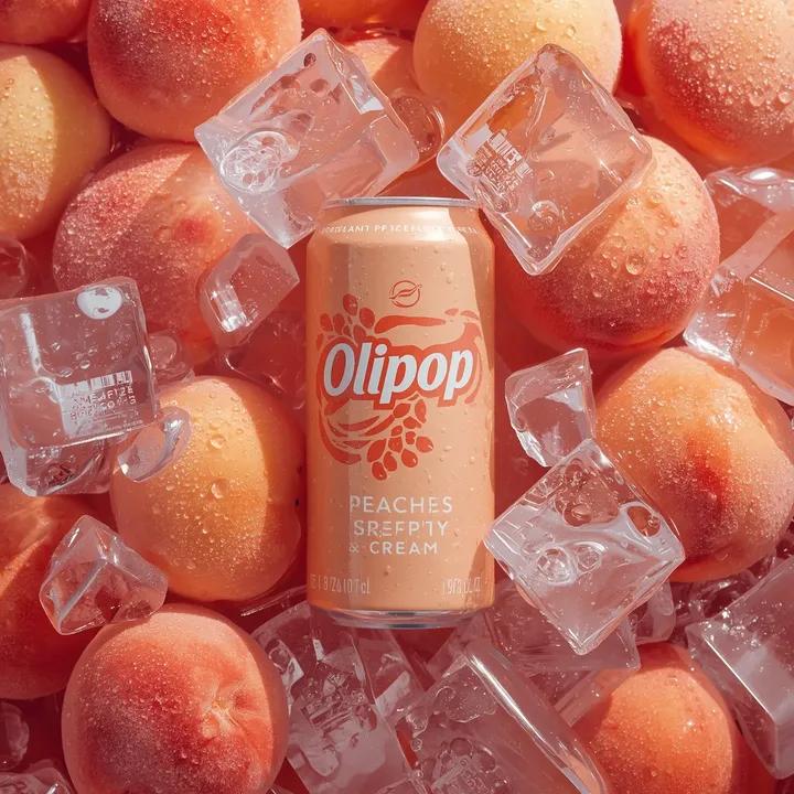 Pastel peach OLIPOP soda can labeled Peaches & Cream surrounded by fresh peaches and ice cubes with condensation in a high-end studio beverage advertisement.