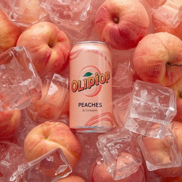 Pastel peach OLIPOP soda can labeled Peaches & Cream surrounded by fresh peaches and ice cubes with condensation in a high-end studio beverage advertisement. Thumbnail 2