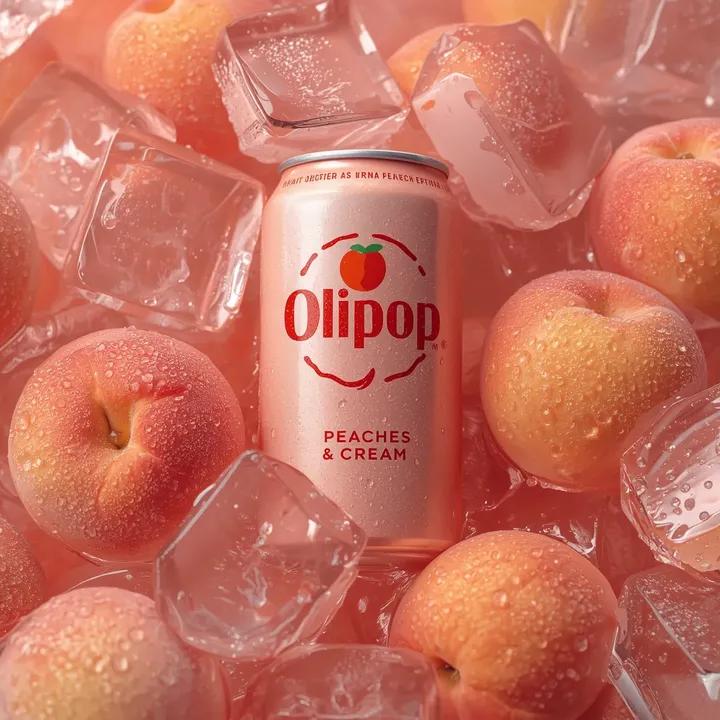 Pastel peach OLIPOP soda can labeled Peaches & Cream surrounded by fresh peaches and ice cubes with condensation in a high-end studio beverage advertisement. Thumbnail 3