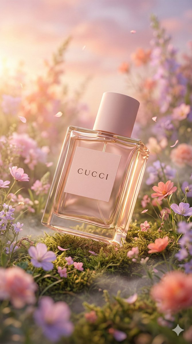 Blush pink CUCCI perfume bottle placed in a miniature floral meadow with moss, pink and lavender flowers, and golden cinematic lighting in a dreamy luxury fragrance scene.