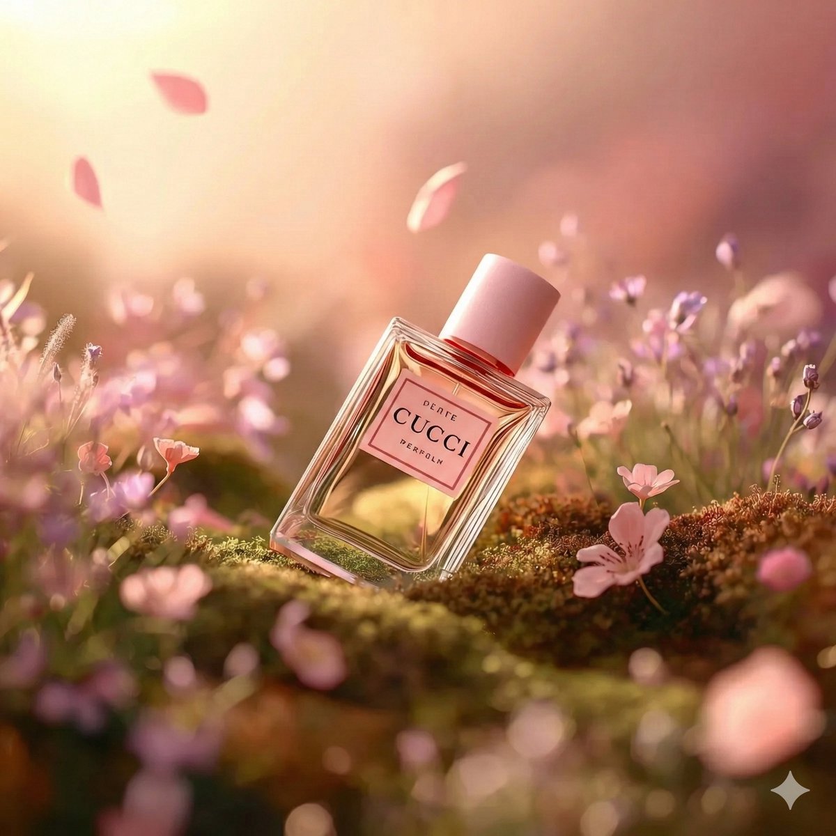 Blush pink CUCCI perfume bottle placed in a miniature floral meadow with moss, pink and lavender flowers, and golden cinematic lighting in a dreamy luxury fragrance scene. Thumbnail 2