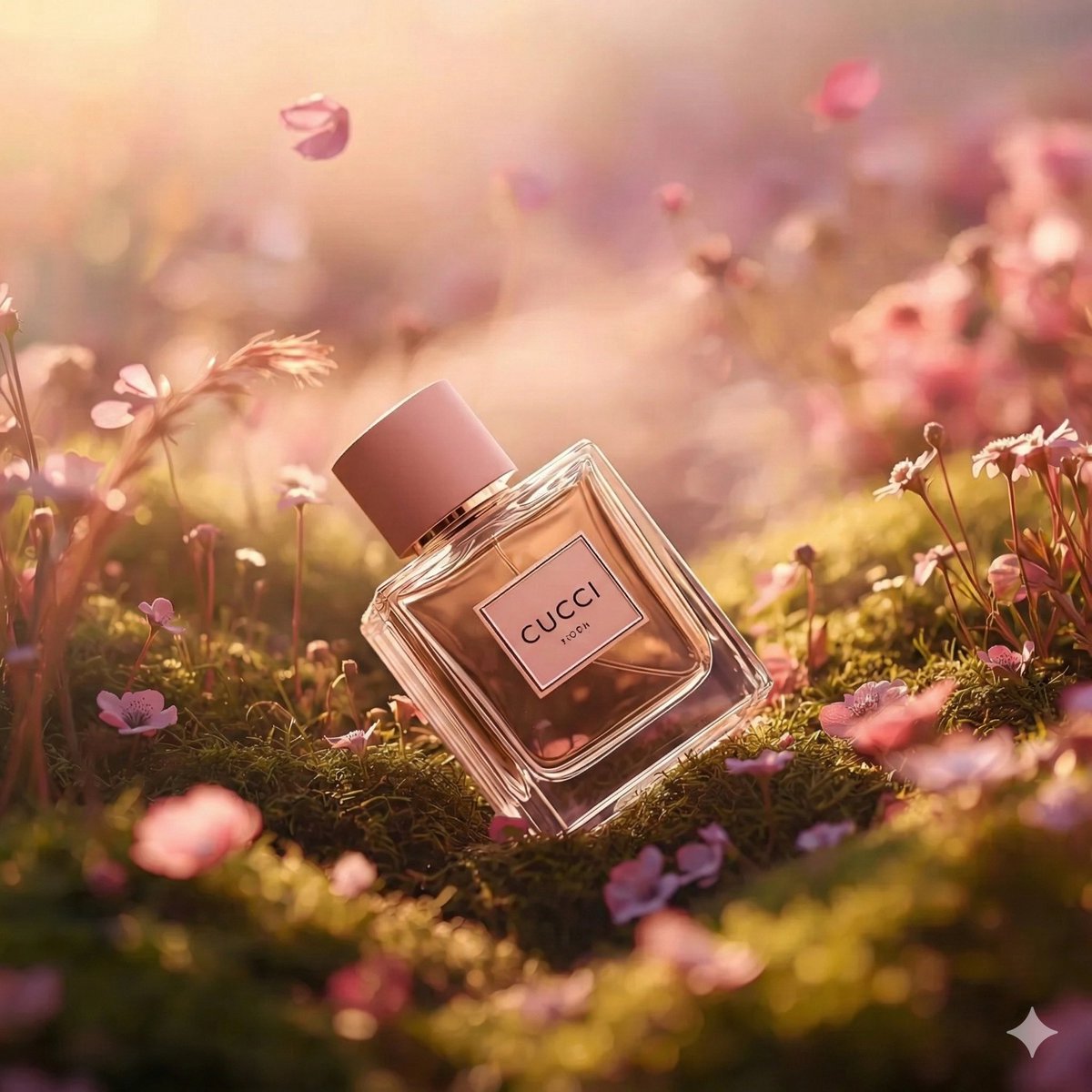 Blush pink CUCCI perfume bottle placed in a miniature floral meadow with moss, pink and lavender flowers, and golden cinematic lighting in a dreamy luxury fragrance scene. Thumbnail 3