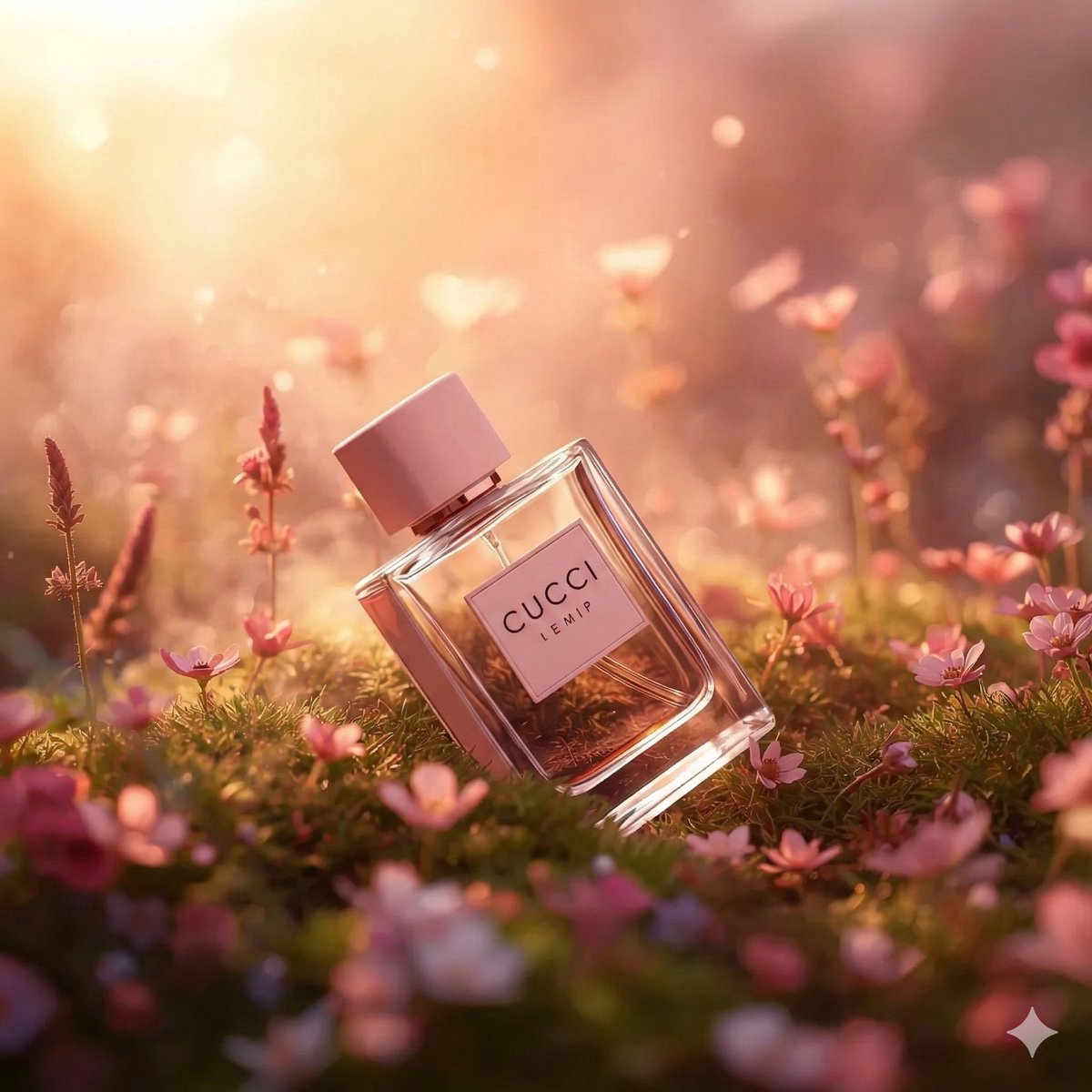 Blush pink CUCCI perfume bottle placed in a miniature floral meadow with moss, pink and lavender flowers, and golden cinematic lighting in a dreamy luxury fragrance scene. Thumbnail 4