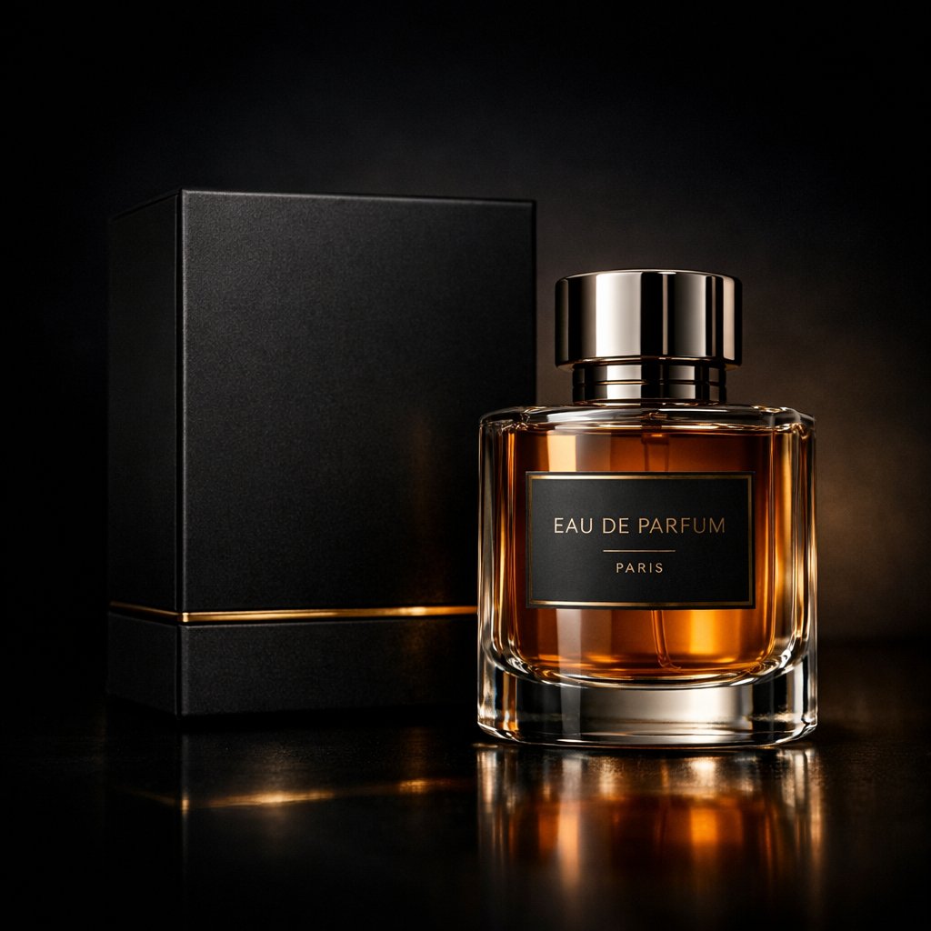 Luxury amber perfume bottle with matte black perfume box in a dark cinematic studio environment with gold accents and dramatic editorial lighting.