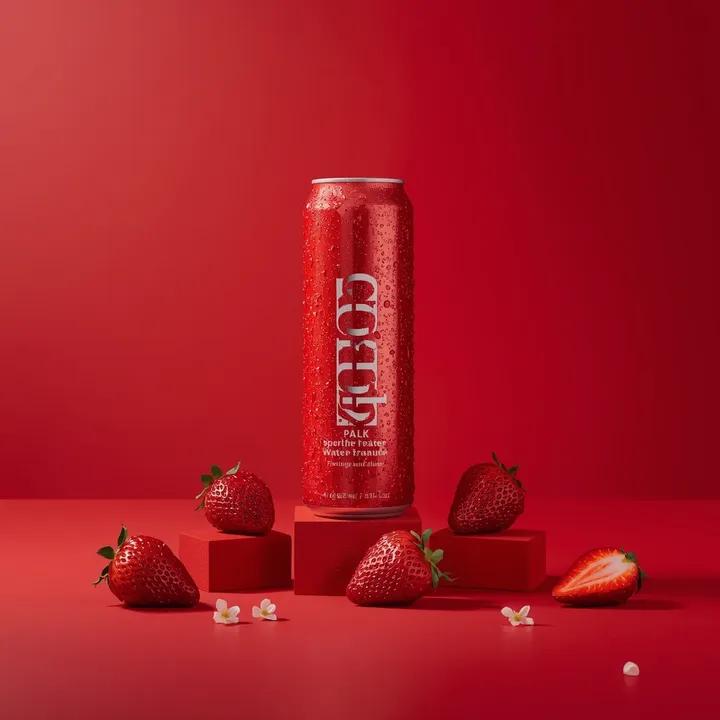 Red GOOD IDEA sparkling water can surrounded by fresh strawberries and white elderflower blossoms in a monochromatic cinematic red studio setup.