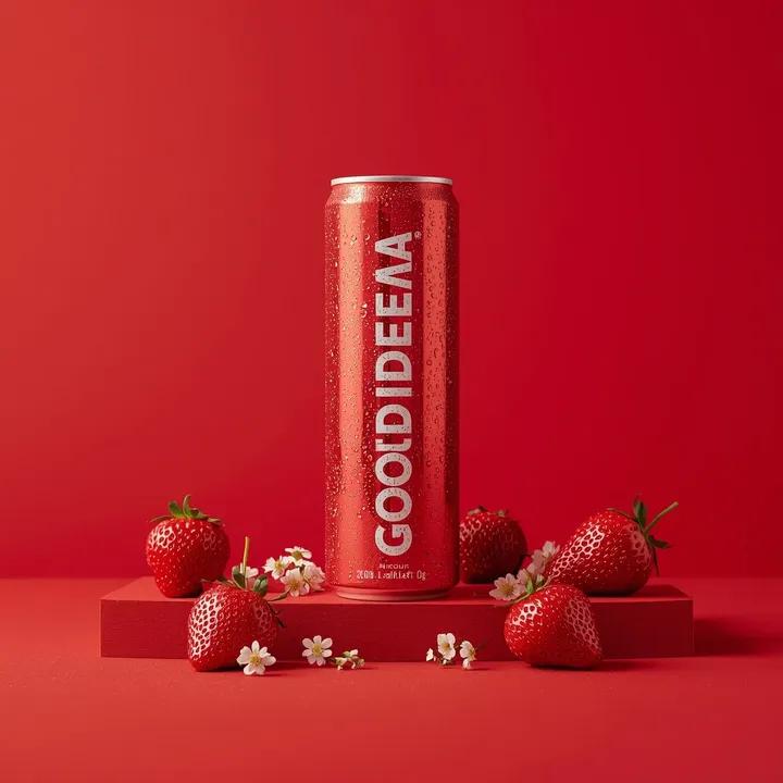 Red GOOD IDEA sparkling water can surrounded by fresh strawberries and white elderflower blossoms in a monochromatic cinematic red studio setup. Thumbnail 2