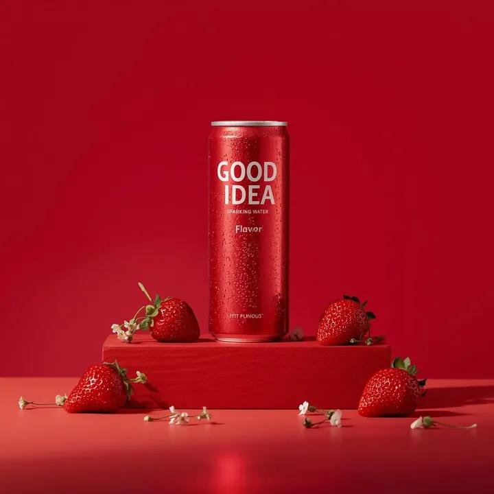 Red GOOD IDEA sparkling water can surrounded by fresh strawberries and white elderflower blossoms in a monochromatic cinematic red studio setup. Thumbnail 3