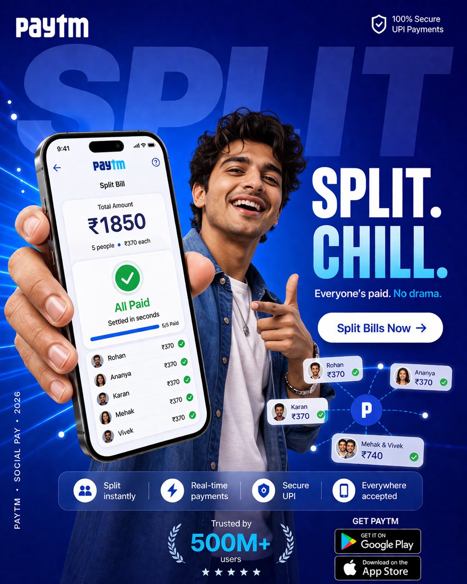 Young woman holding a PhonePe app screen showing split bill payment confirmation in a vibrant purple Gen-Z fintech advertising poster with bold typography and social UI elements.