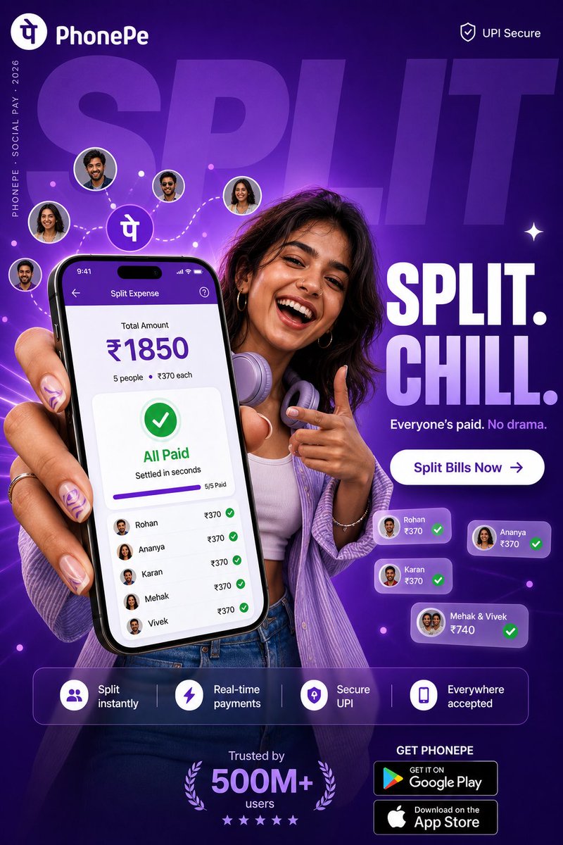 Young woman holding a PhonePe app screen showing split bill payment confirmation in a vibrant purple Gen-Z fintech advertising poster with bold typography and social UI elements. Thumbnail 2