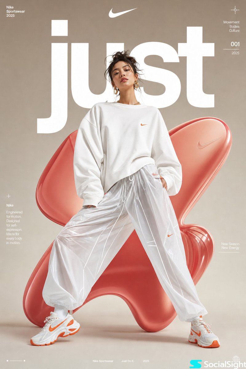 Female fashion model in futuristic oversized white sportswear standing in front of glossy red-pink inflatable 3D shapes with editorial typography and luxury athletic campaign styling.
