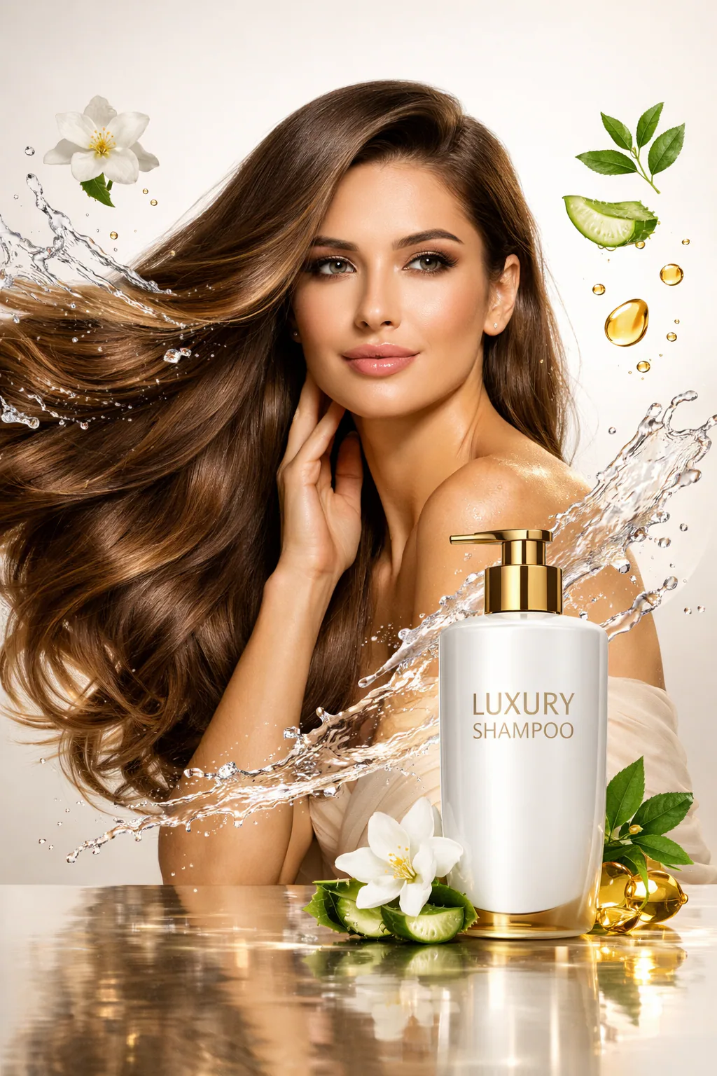 Elegant female model with long silky hair beside a luxury shampoo bottle surrounded by cinematic water splashes and botanical ingredients in a glossy white and gold beauty campaign scene.