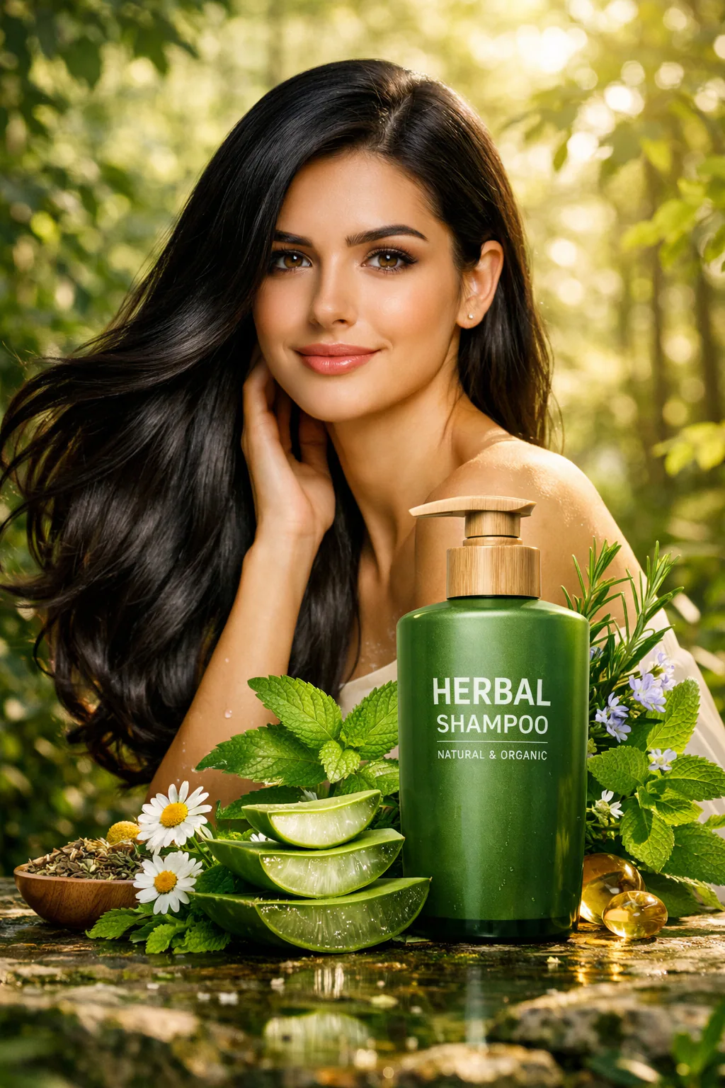 Elegant female model with long silky hair beside a luxury shampoo bottle surrounded by cinematic water splashes and botanical ingredients in a glossy white and gold beauty campaign scene. Thumbnail 2