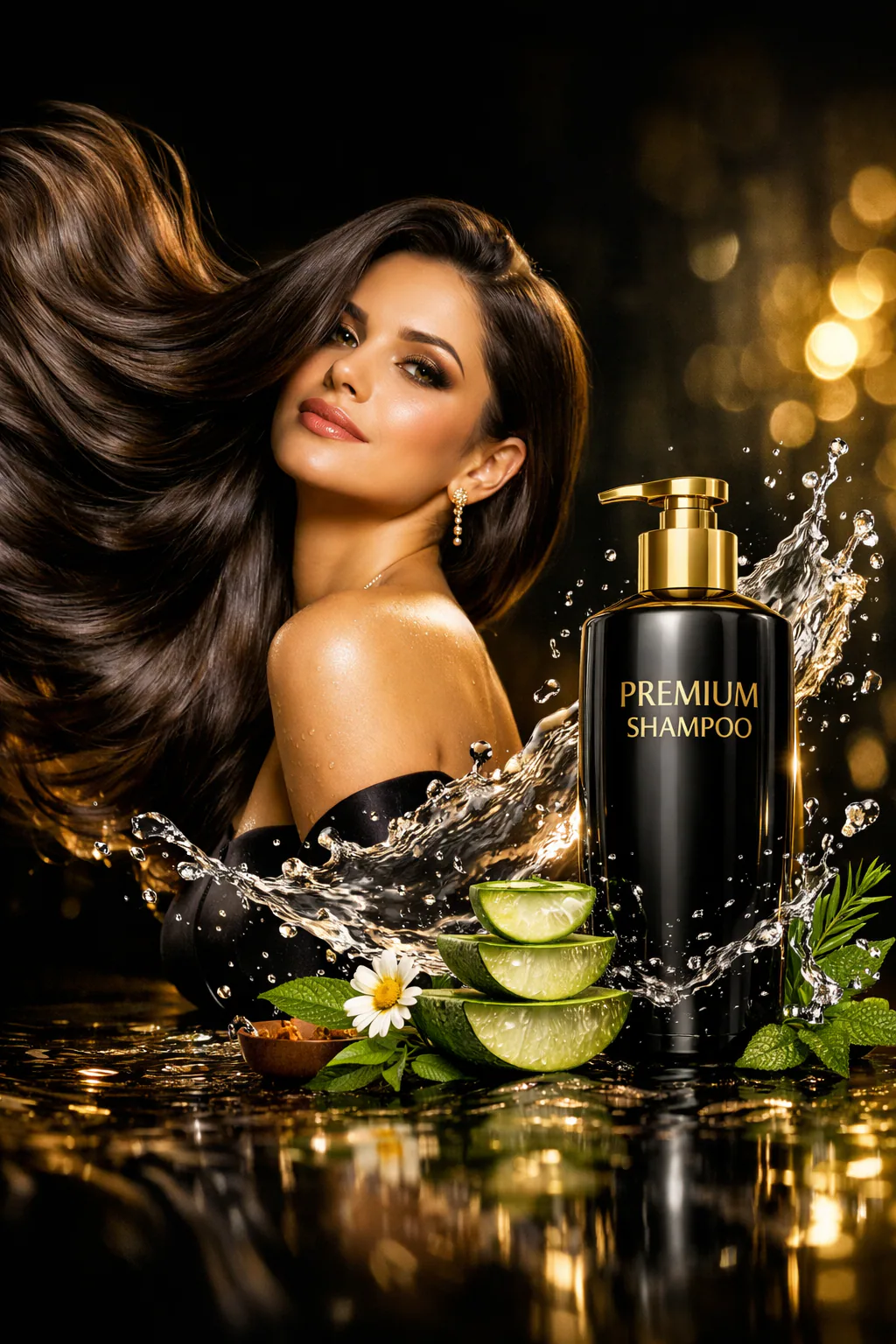 Elegant female model with long silky hair beside a luxury shampoo bottle surrounded by cinematic water splashes and botanical ingredients in a glossy white and gold beauty campaign scene. Thumbnail 3