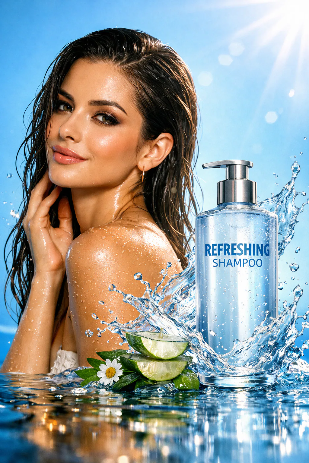 Elegant female model with long silky hair beside a luxury shampoo bottle surrounded by cinematic water splashes and botanical ingredients in a glossy white and gold beauty campaign scene. Thumbnail 4