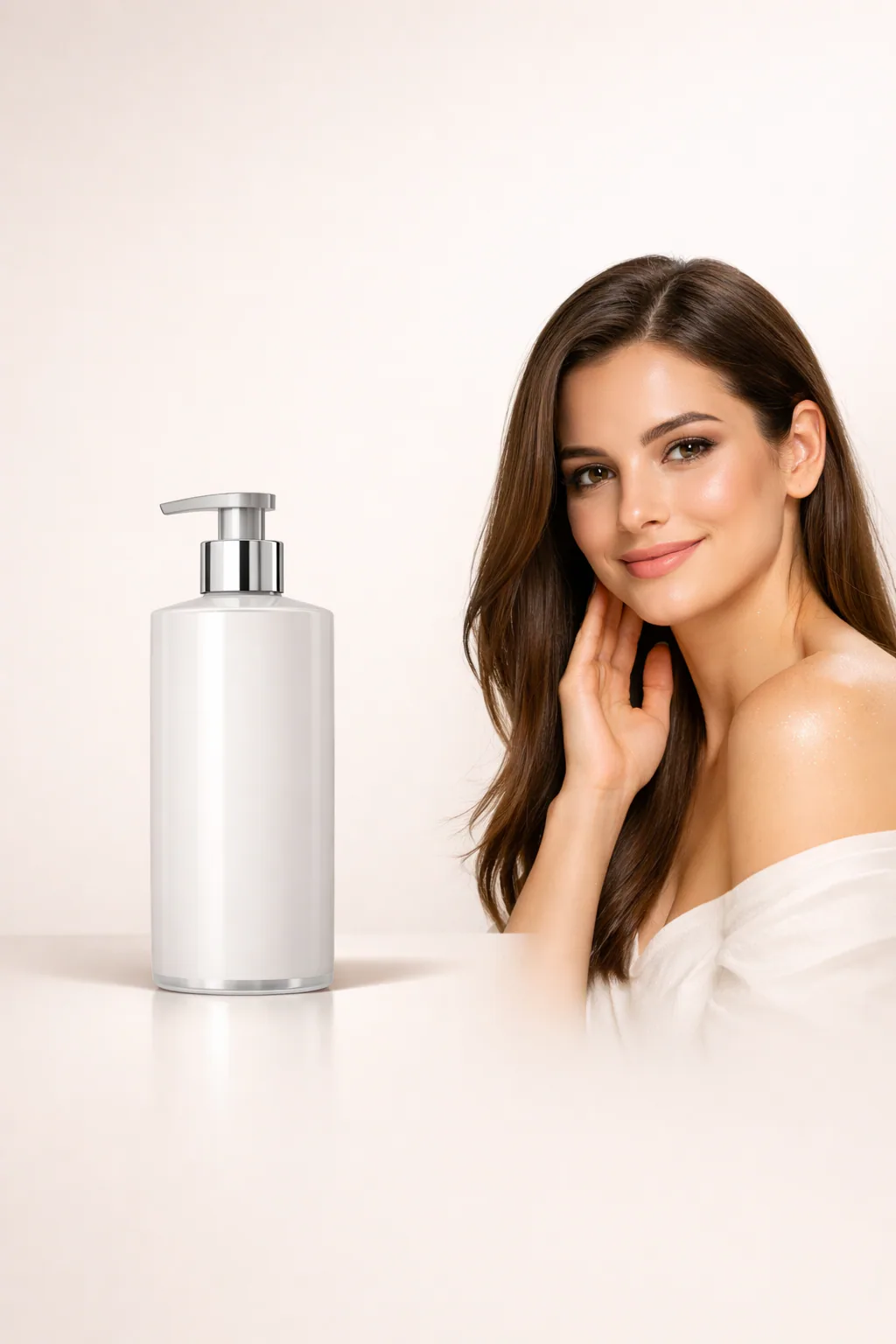 Elegant female model with long silky hair beside a luxury shampoo bottle surrounded by cinematic water splashes and botanical ingredients in a glossy white and gold beauty campaign scene. Thumbnail 5