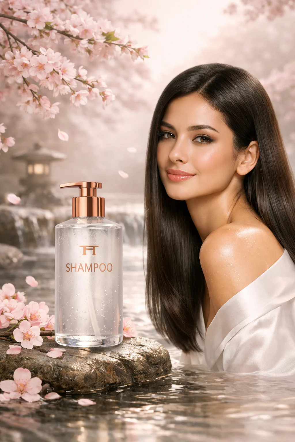 Elegant female model with long silky hair beside a luxury shampoo bottle surrounded by cinematic water splashes and botanical ingredients in a glossy white and gold beauty campaign scene. Thumbnail 6