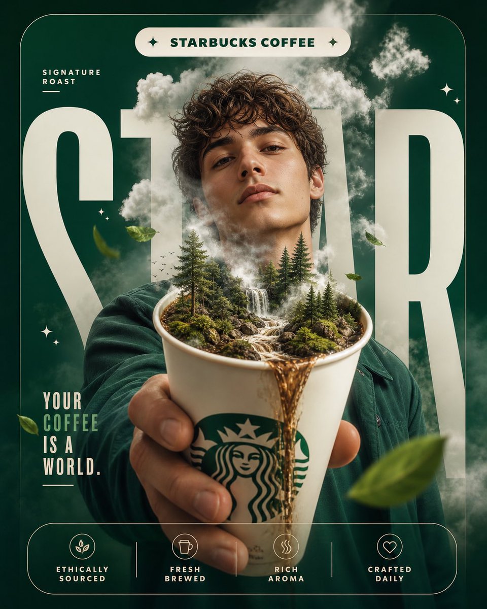 Surreal cinematic coffee advertising posters featuring Starbucks, Costa, Tim Hortons, and Dunkin cups transforming into miniature worlds with forests, cities, warmth, and explosive creative visuals.