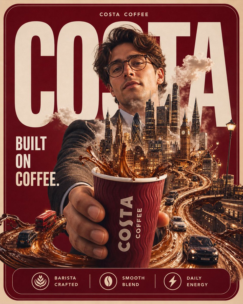 Surreal cinematic coffee advertising posters featuring Starbucks, Costa, Tim Hortons, and Dunkin cups transforming into miniature worlds with forests, cities, warmth, and explosive creative visuals. Thumbnail 2