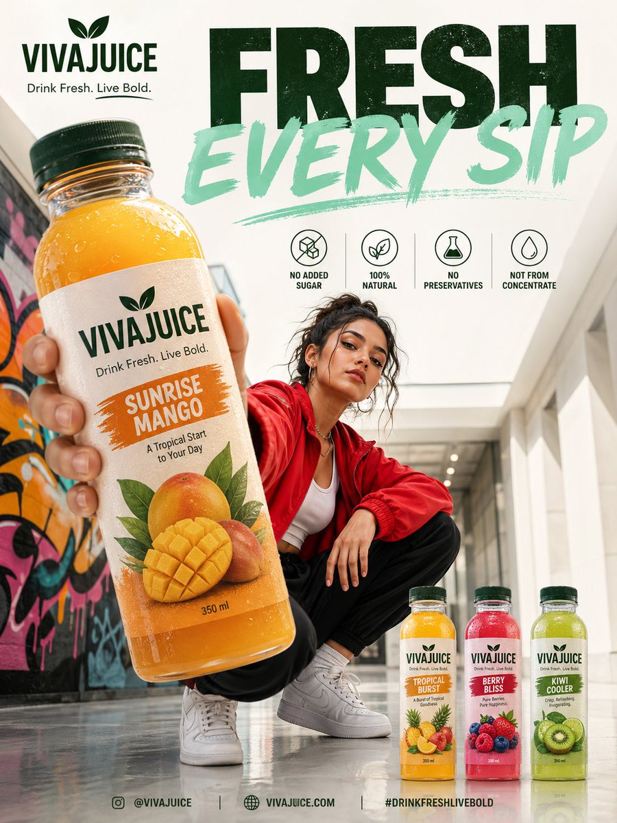 Stylish female model in urban hallway holding a giant VIVAJUICE bottle toward the camera in a modern forced-perspective beverage advertisement with bold typography and product variants.