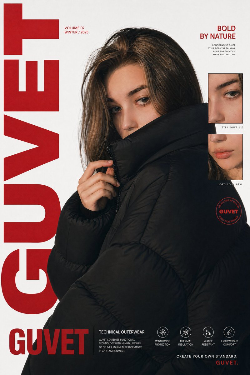 Close-up fashion editorial portrait of a woman in oversized black puffer jacket with minimalist magazine design, bold typography, and clean luxury winter aesthetic.