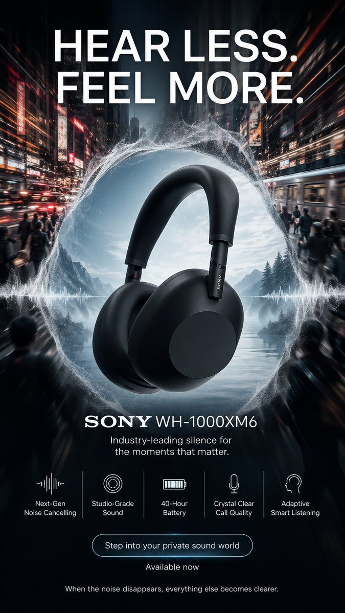 Sony WH-1000XM6 headphones floating in a split-world scene showing chaotic city outside and calm silence inside an acoustic zone with cinematic lighting and premium tech advertising design.