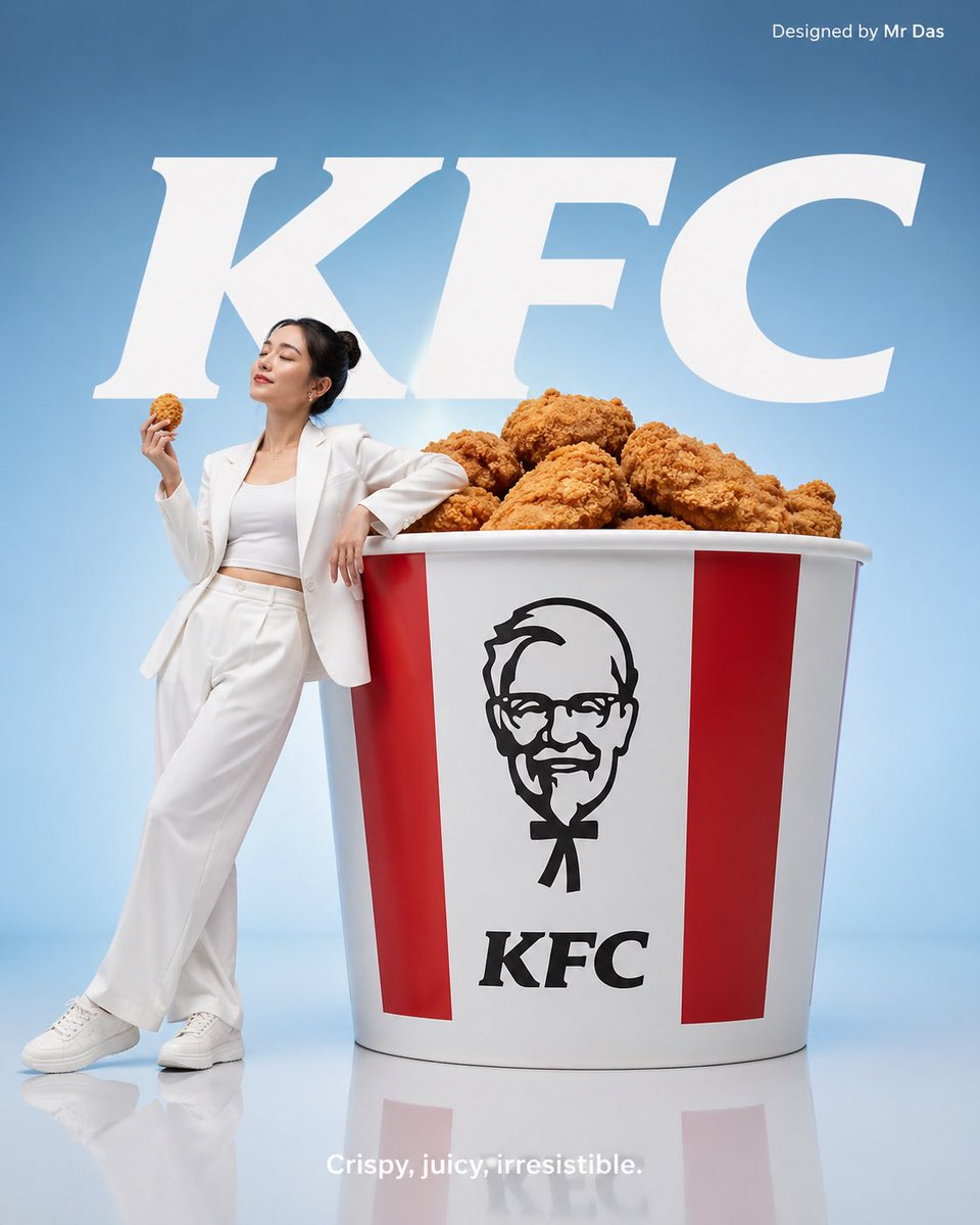 Minimalist KFC advertising scene with oversized bucket, model in white outfit leaning casually, glossy floor reflection, and soft blue studio background with bold typography.