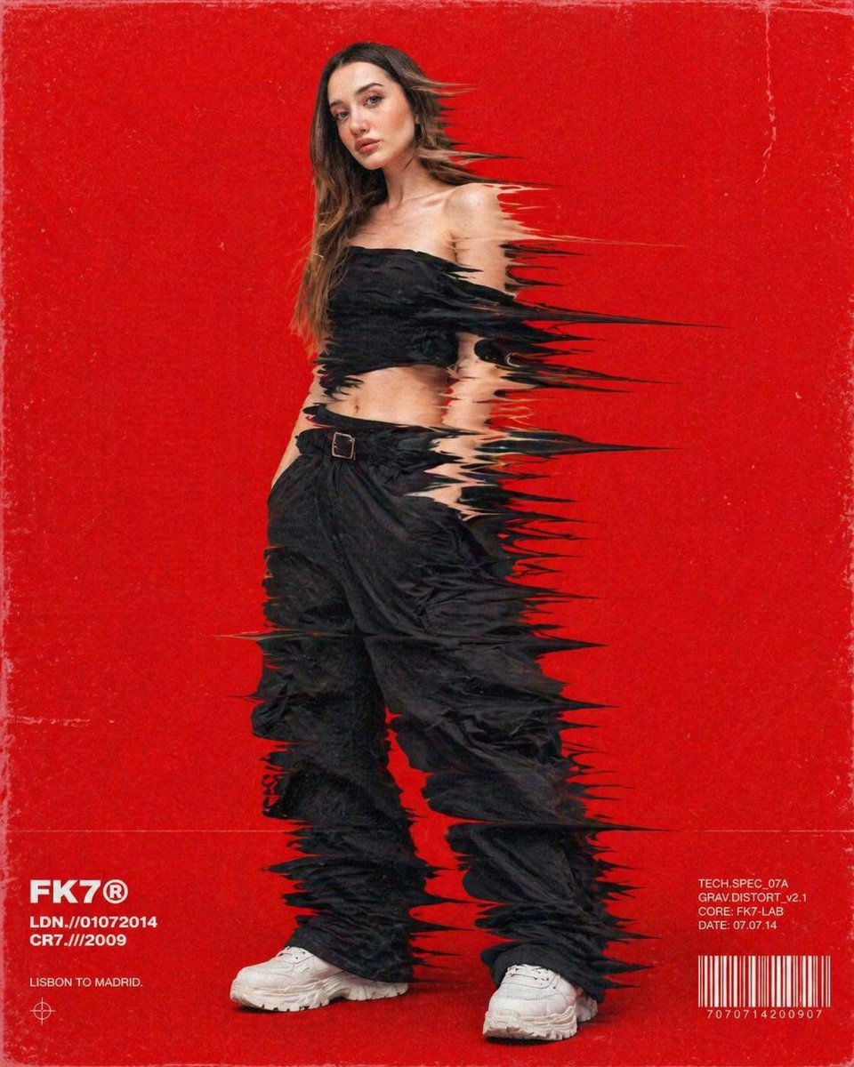 Experimental hip-hop fashion poster featuring a full-frame model with motion-drag distorted clothing against a bold red background with retro film grain and magazine-style typography. Thumbnail 2