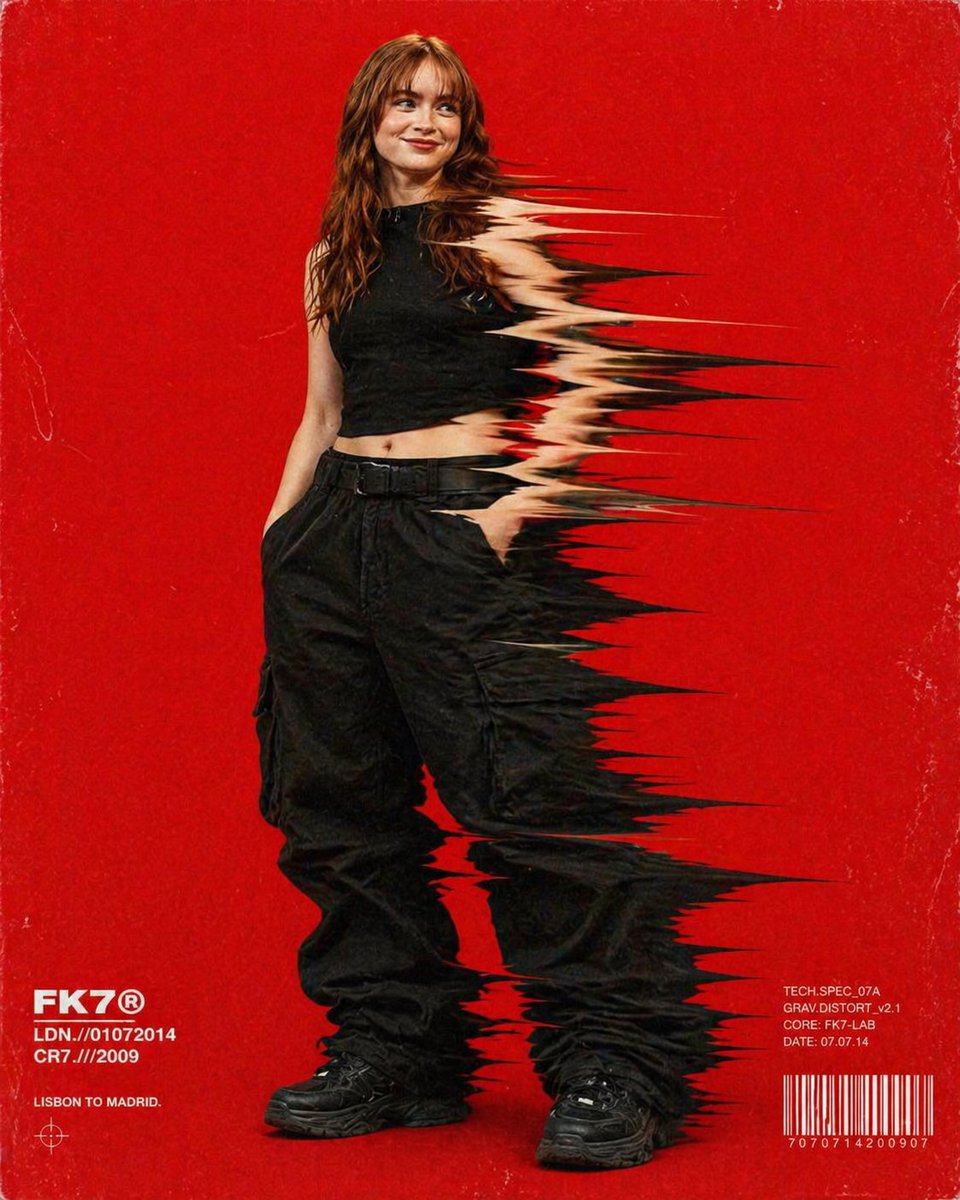 Experimental hip-hop fashion poster featuring a full-frame model with motion-drag distorted clothing against a bold red background with retro film grain and magazine-style typography. Thumbnail 3