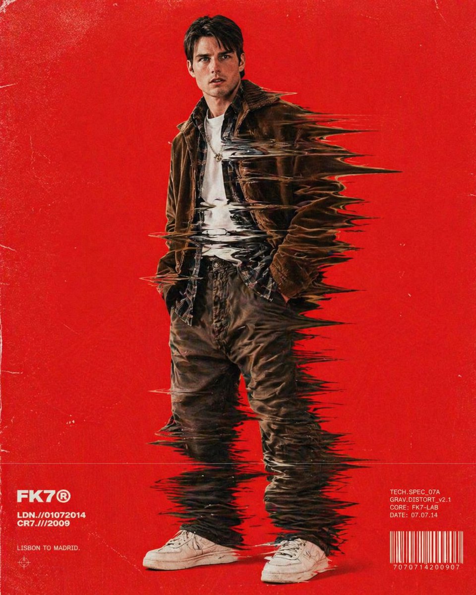 Experimental hip-hop fashion poster featuring a full-frame model with motion-drag distorted clothing against a bold red background with retro film grain and magazine-style typography. Thumbnail 4