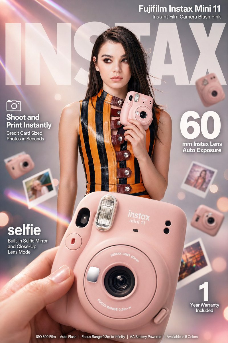 Hyperrealistic commercial advertisement featuring a blush pink Fujifilm Instax Mini 11 instant camera held by a stylish fashion model with infographic typography, pastel prism lighting, and premium studio photography aesthetics.