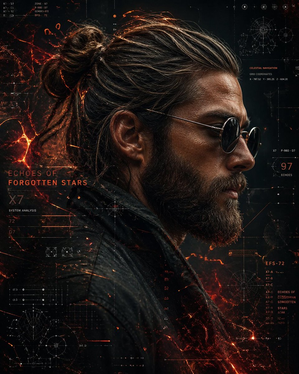Cinematic cyberpunk side-profile portrait of a rugged bearded man wearing dark sunglasses and a leather jacket surrounded by glowing holographic celestial navigation graphics and fiery cosmic particles.