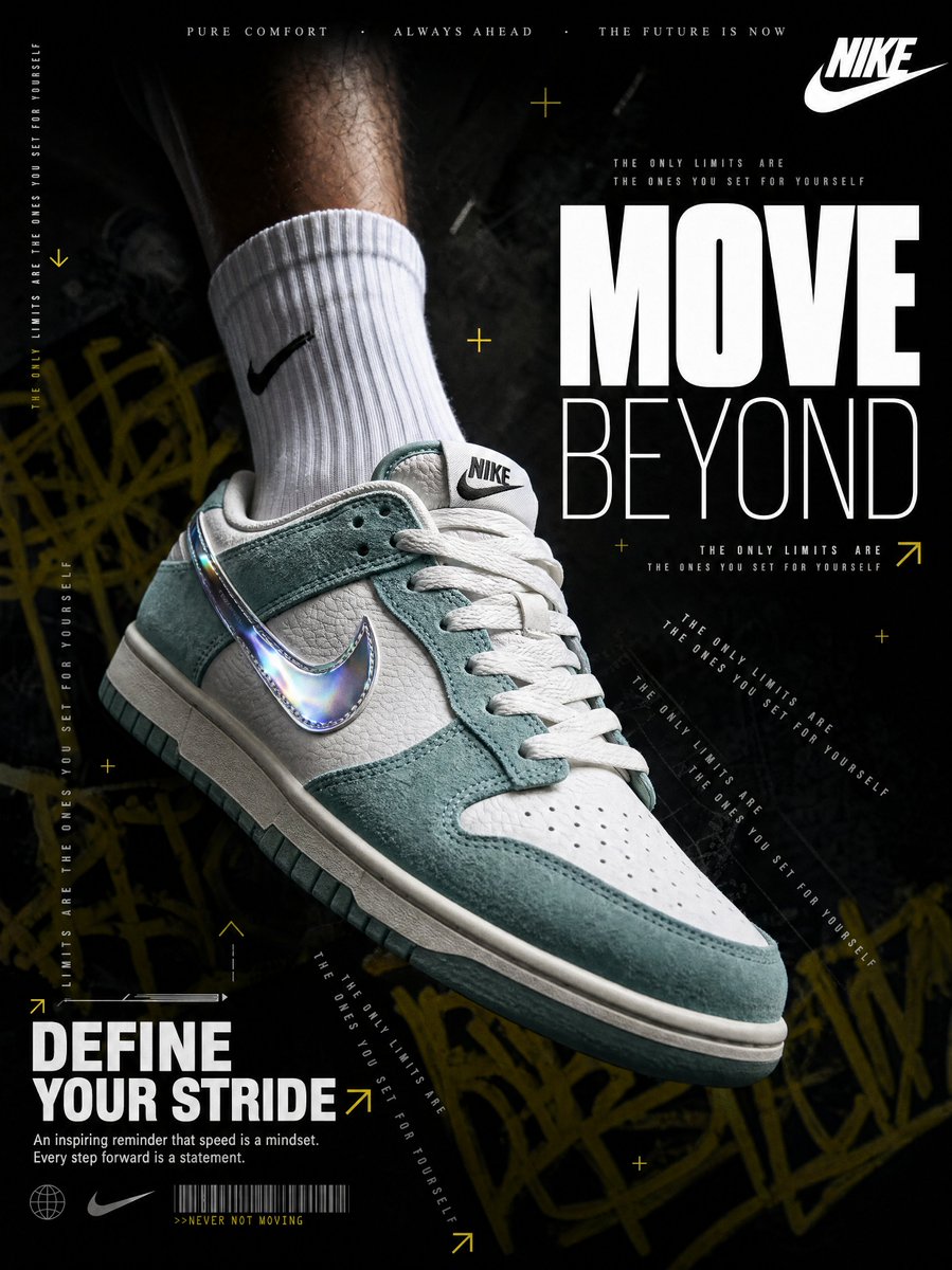 Hyperrealistic Nike sneaker advertisement featuring a floating male leg wearing a glacier teal and off-white Nike low-top sneaker with dramatic moody lighting, urban typography, and cinematic editorial design.