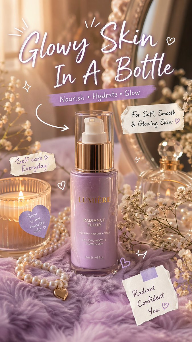Luxury skincare advertisement featuring pastel feminine vanity styling with pearls, candles, flowers, dreamy golden lighting, and aesthetic beauty branding typography in a cozy purple setup.