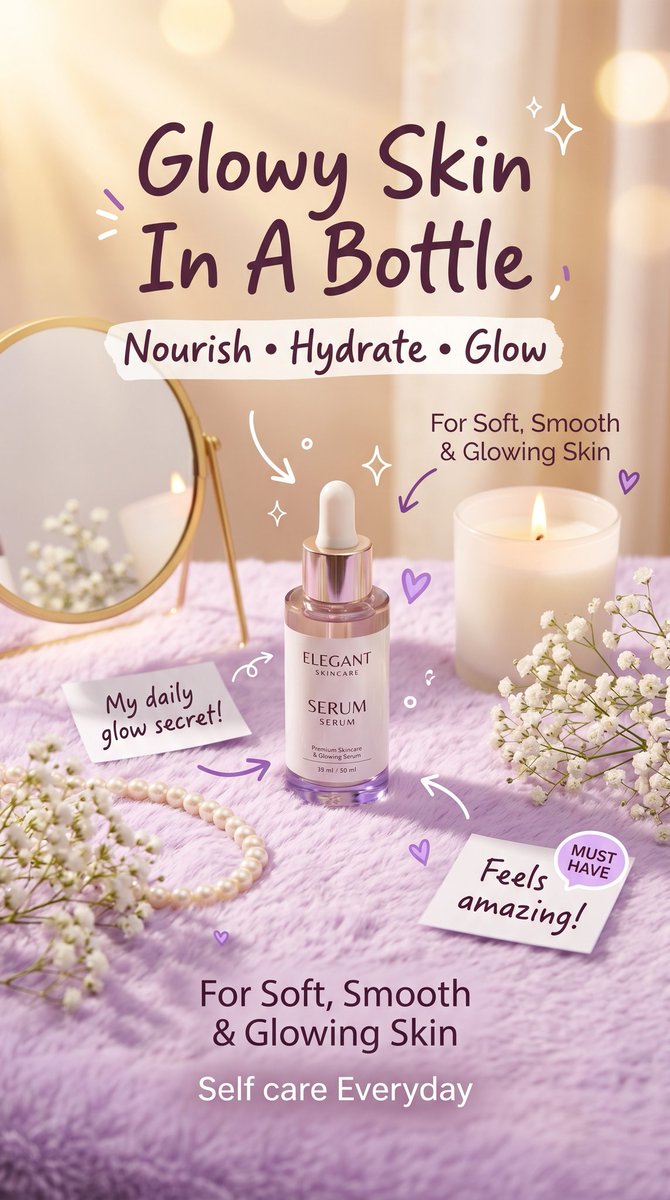 Luxury skincare advertisement featuring pastel feminine vanity styling with pearls, candles, flowers, dreamy golden lighting, and aesthetic beauty branding typography in a cozy purple setup. Thumbnail 2