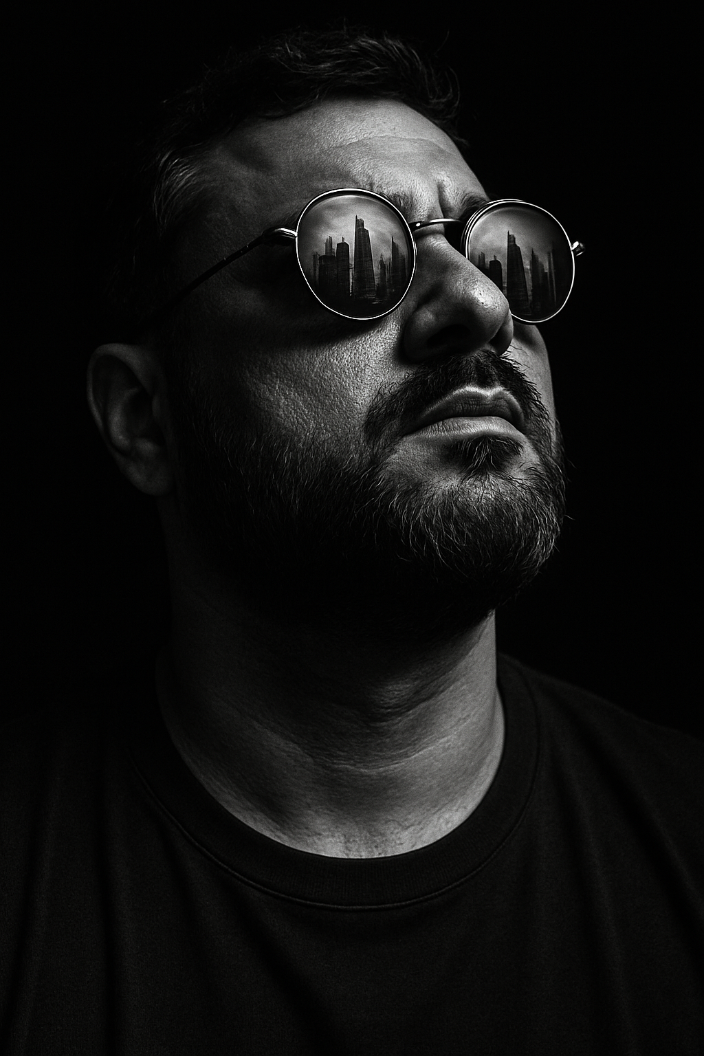 Dramatic black-and-white close-up portrait of a man with reflective round sunglasses and strong side lighting against a minimalist dark background.