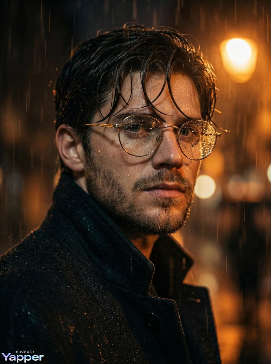 Cinematic close-up portrait of a young man standing in heavy rain at night with round glasses, wet hair, orange streetlight bokeh, and noir-style lighting.