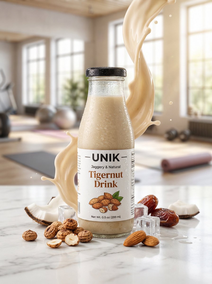 Ultra-realistic advertisement of a chilled UNIK jaggery and natural tigernut drink bottle surrounded by natural ingredients, milk splash effects, and a modern fitness studio background.