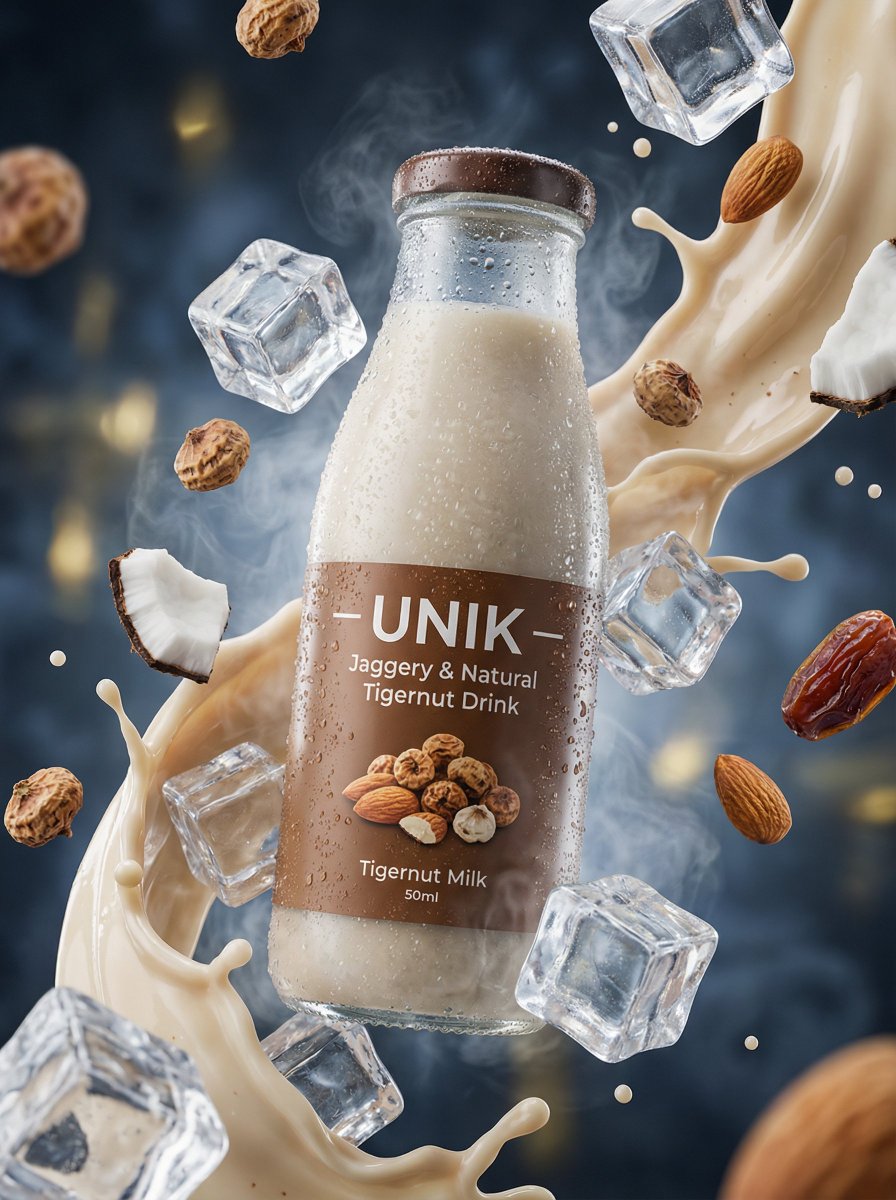 Ultra-realistic advertisement of a chilled UNIK jaggery and natural tigernut drink bottle surrounded by natural ingredients, milk splash effects, and a modern fitness studio background. Thumbnail 2